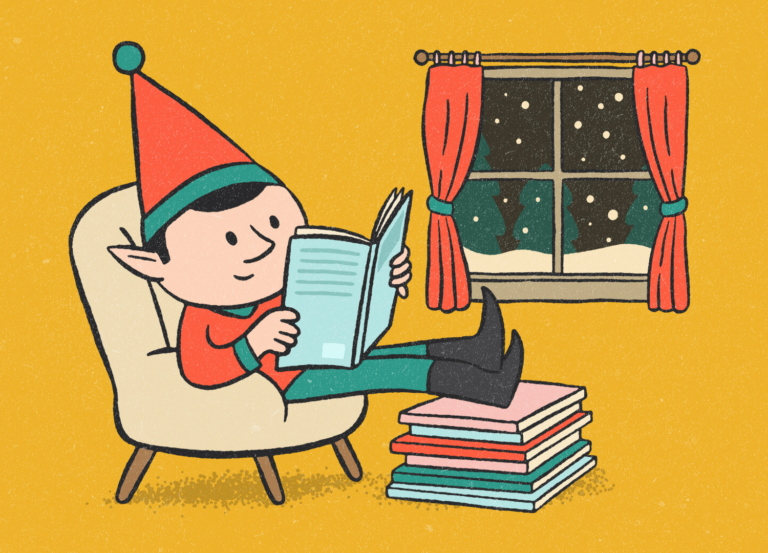 Stack Christmas elf reading independent magazines