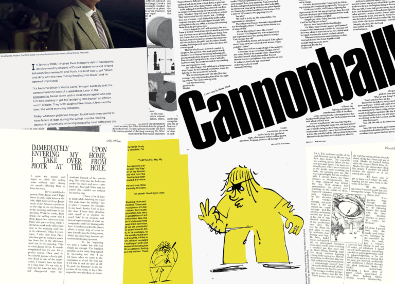 Pages from independent magazines, featuring Die Quieter Please, Dispatch, The Fence, and Piscine