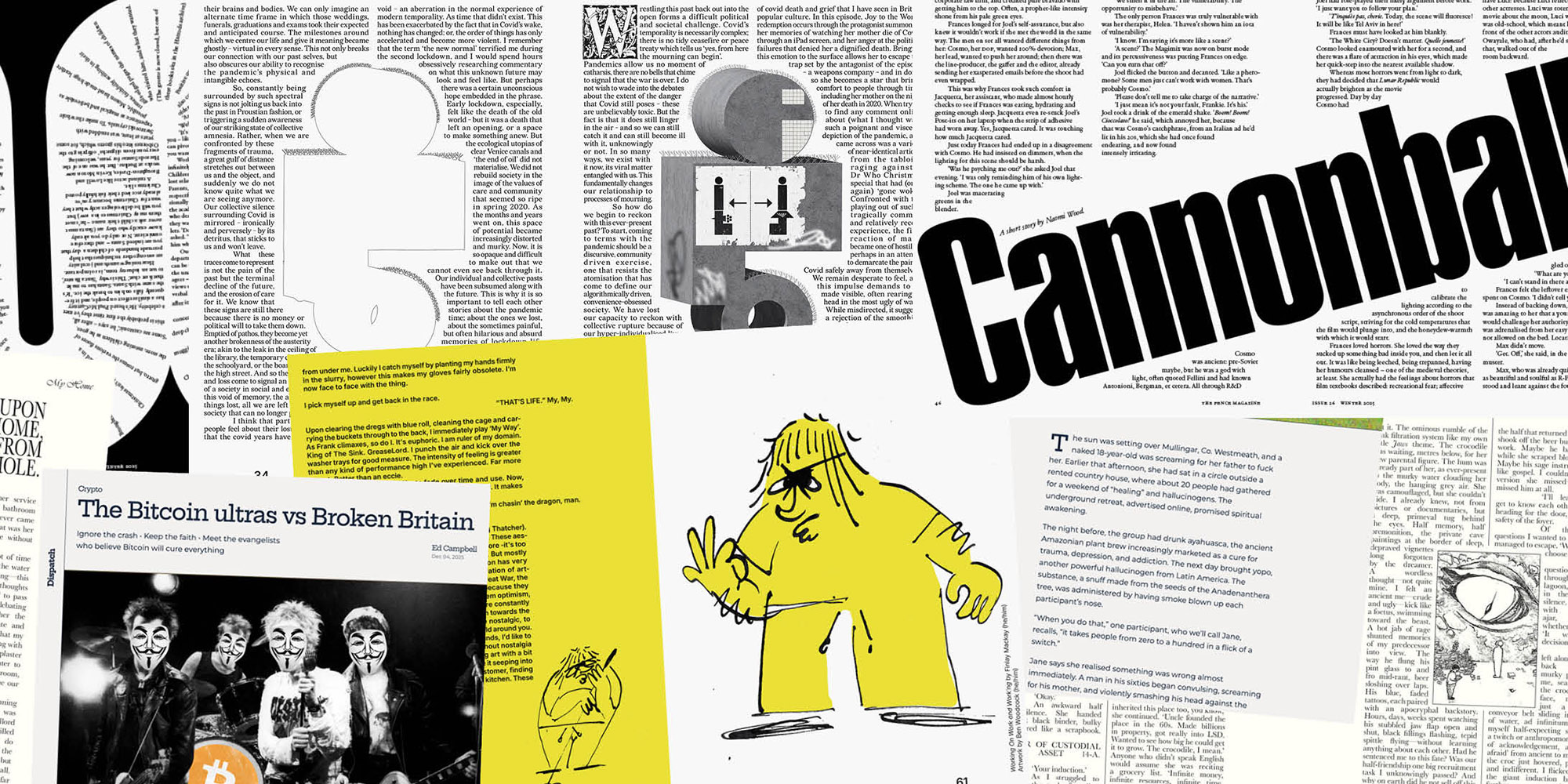 Pages from independent magazines, featuring Die Quieter Please, Dispatch, The Fence, and Piscine